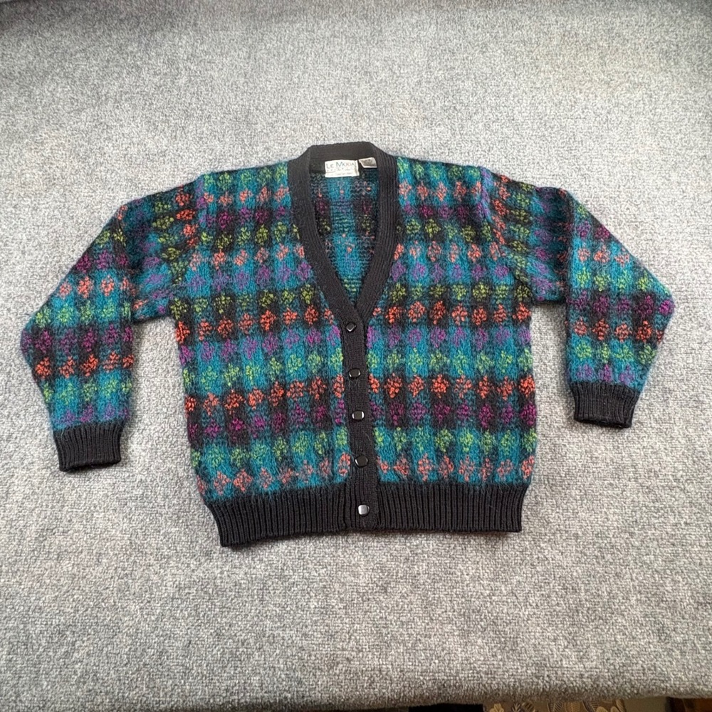 VTG 90s Le Moda Cardigan Sweater Womens M Multicolor Mohair‎ Hand Loomed Fuzzy